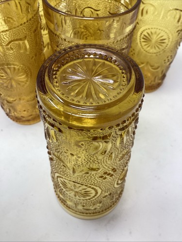 Vintage Indiana Glass High Ball Drinking Glass Amber Tiara Sandwich 8oz Set of 7 - Picture 6 of 7