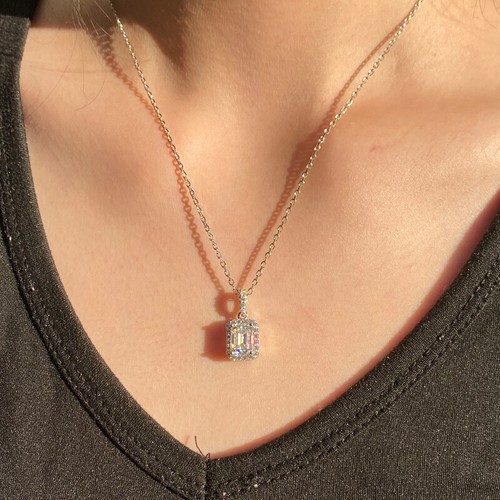 Real Moissanite Gemstone Brilliant Emerald Cut D White Necklace Earring Set - Picture 13 of 14