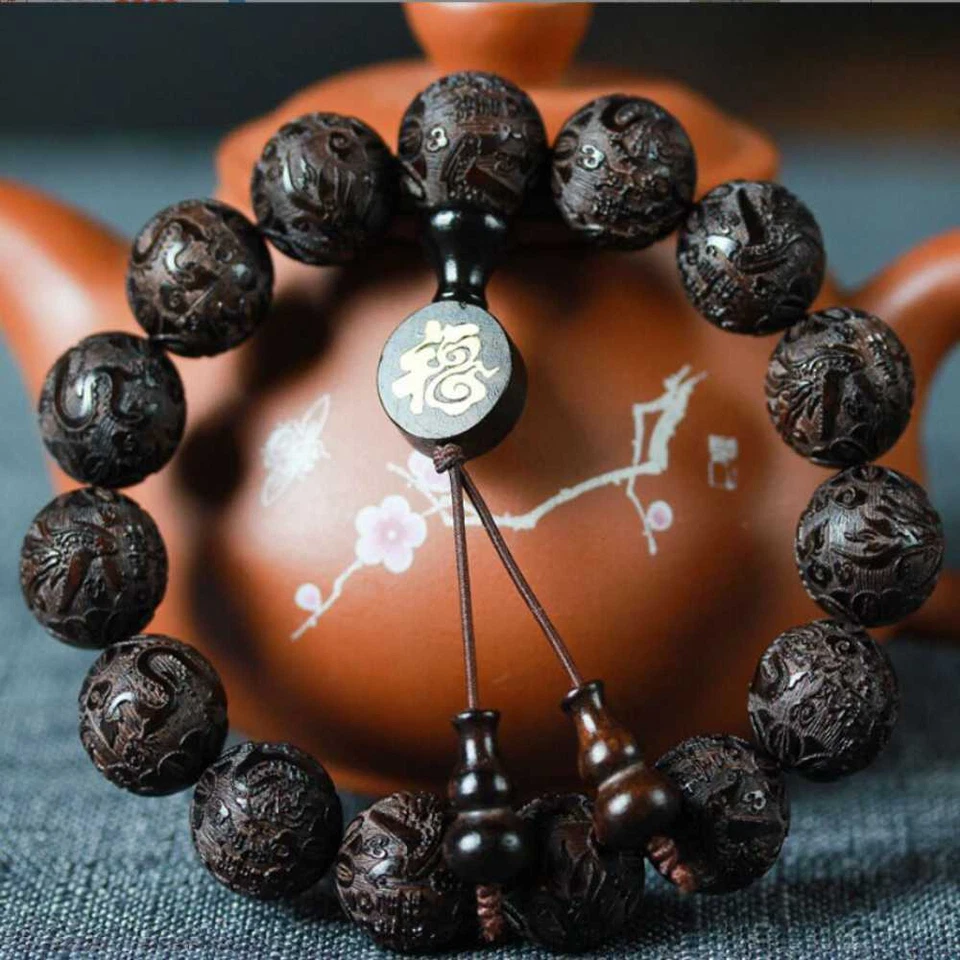 15MM Ebony Carved dragons phoenixes Cuff Mala Lucky Bracelet Handmade - Image 3 of 4