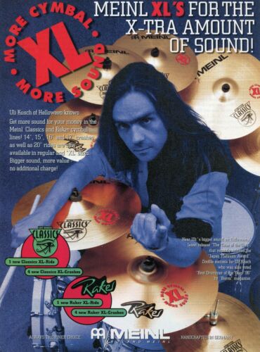 1998 Print Ad of Meinl XL Classics & Raker Drum Cymbals w Uli Kusch of Helloween - Afbeelding 1 van 2