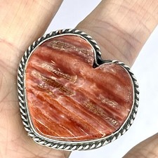 Heart Shape Orange Spiny Oyster Ring Sz 7 Navajo Signed Sterling Stamped Big