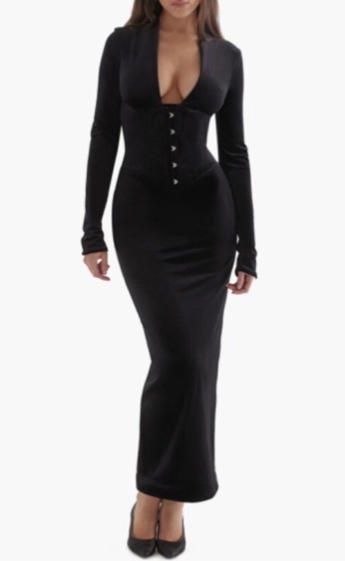 HOUSE OF CB Arabella Plunge Neck Long Sleeve Velvet Corset Dress Black  Small | eBay