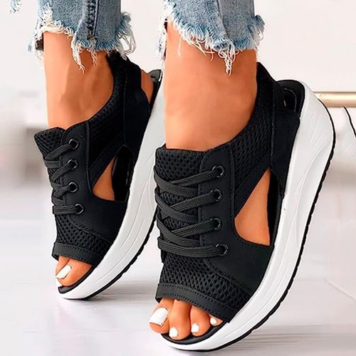 Women Muffin Sandals Breathable Casual Lace Up Flat Peep Toe Shoes Summer AU - Picture 4 of 16