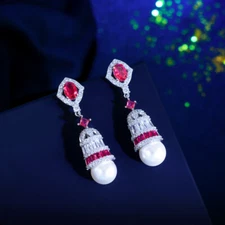 Pearl Dangle Drop Earrings Chic Rose Red Oval Silver Plated CZ New Year Jewelry