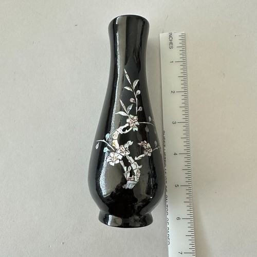 2 jarrones vintage - laca negra asiática sobre incrustación de abulón de madera y floral pintado a mano - Imagen 12 de 14