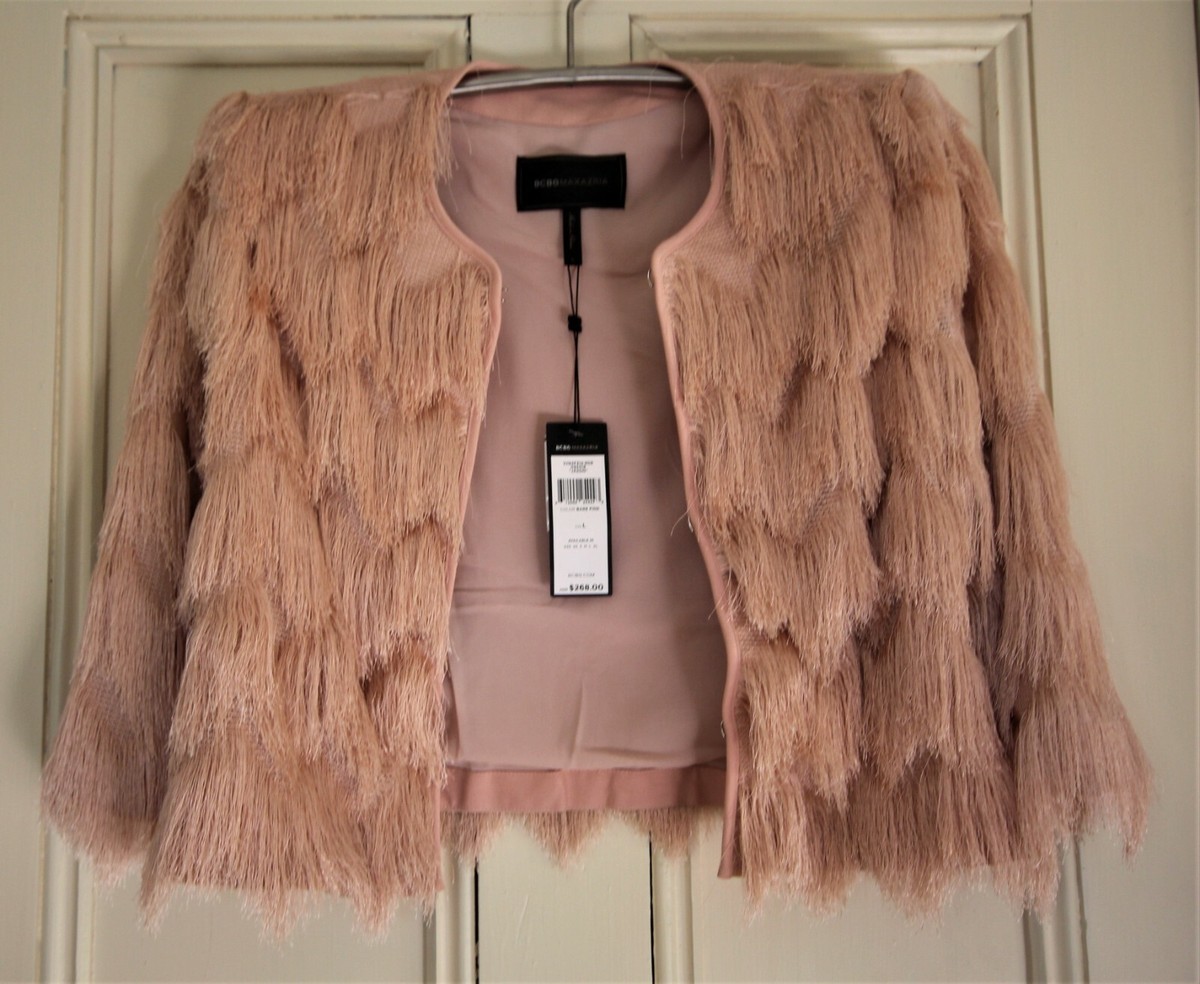 NWT BCBG MAXAZRIA Women's Pink Jaxon Crochet Fringe Cropped Jacket