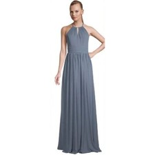 BILL LEVKOFF Gray Halter Top Ruched Chiffon Maxi Prom Dress Gown Size 8