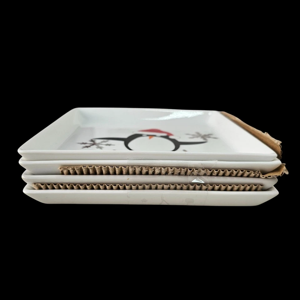 Crate & Barrel Holiday Penguin Appetizer Plates 6" Sq Set Of 4 White Ceramic NEW - Image 3 of 4