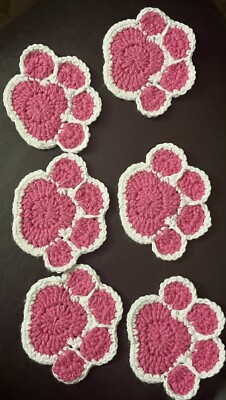 Handmade Crochet Paw Coasters Pink & White 6 Piece Set
