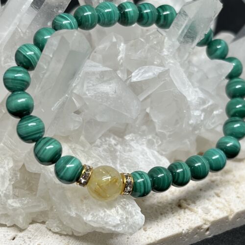 Natural Gemstone Malachite 6mm And Golden Rutilated Quartz 8mm - 第 1/6 張圖片