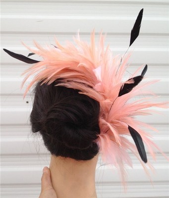 peach coral black feather fascinator 
