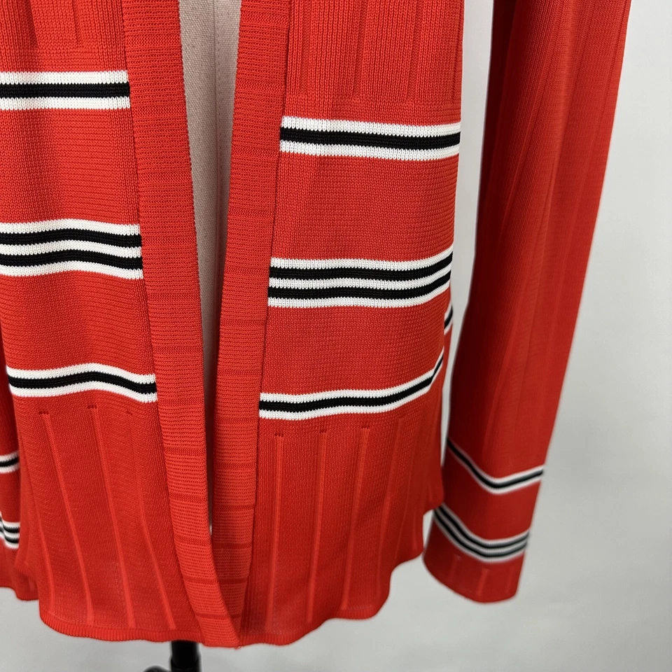 Vintage 70s Cardigan Womens Small Bright Orange Striped Ribbed Polyester Knit - Image 4 of 4