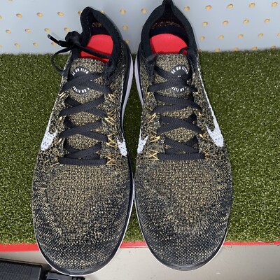 Nike Free RN Flyknit 2018 942838-005 Mens Size 8.5 Black Gold Running Shoes Used Size 8 - Nike Free RN Flyknit 2018 Black Club Gold for sale  main image 4
