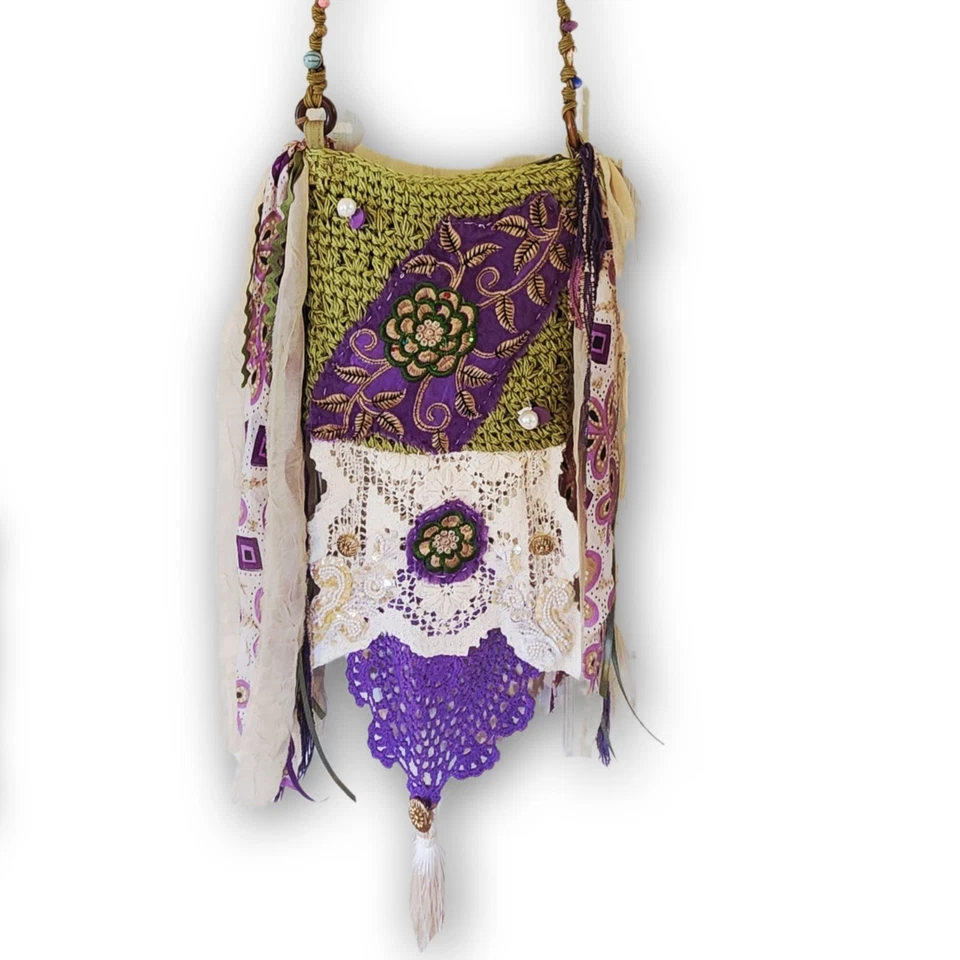 Bolso de Hombro Boho, Bolso Gypsy Free Spirit, Bolso de Trapo de Ganchillo Reutilizado Foto 2 de 4