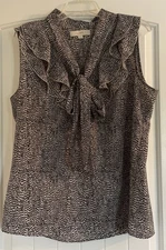 Loft Women's XL Sleeveless Ruffled Front Black & White Blouse