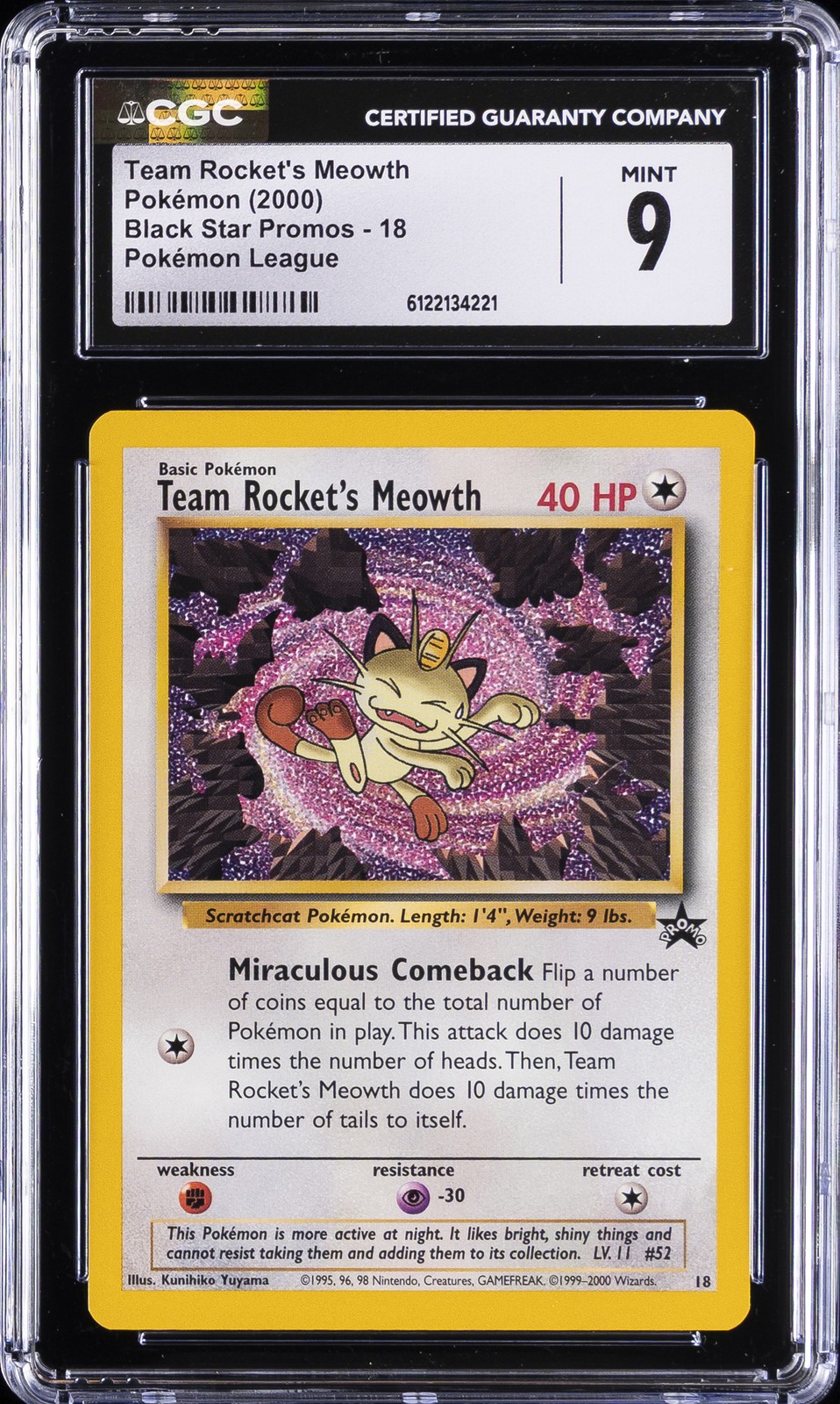 2000 POKEMON PROMO BLACK STAR POKEMON LEAGUE #18 TEAM ROCKET'S MEOWTH CGC 9
