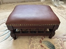 Antique Footstool Wood And Brown Leather