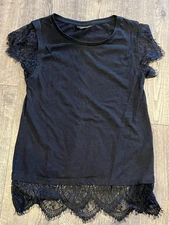Topshop Blouse With Lace Bottom And Sleeves Scoop Neck Black SZ 2 SeeDescription