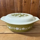 PYREX Casserole Crazy Daisy Spring Blossom "043" 1 1/2 QT Dish w Lid Avocado Vtg