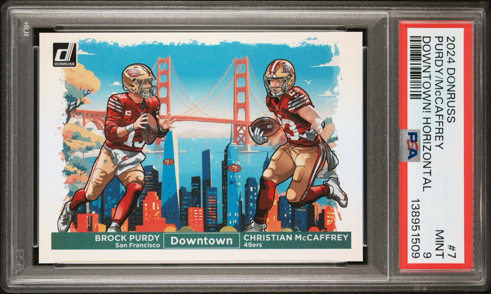 ✅ BROCK PURDY CHRISTIAN MCCAFFREY PSA 9 2024 PANINI DONRUSS #7 DOWNTOWN! DUOS SP