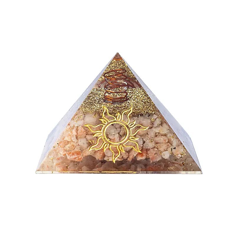 Pyramide en orgonite et véritable pierre du soleil artisanale