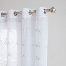 Pair of 2 Sheer White Faux-Linen Short Size Curtain Panels with Beautiful Lin...