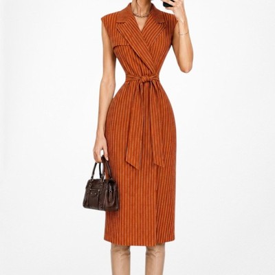 Mango Orange Sleeveless Striped Waist Tie Trenchcoat Vest Midi Dress Size XS/S/M