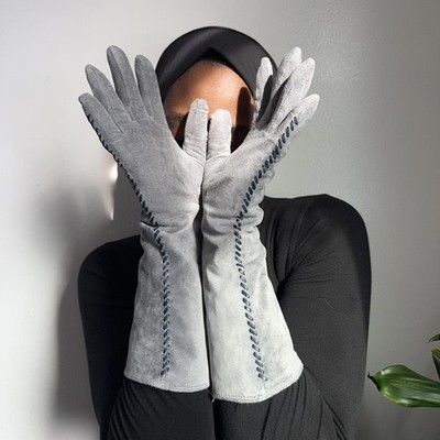 Vintage 60s Style Renee s NY Grey Suede Opera Gloves size M