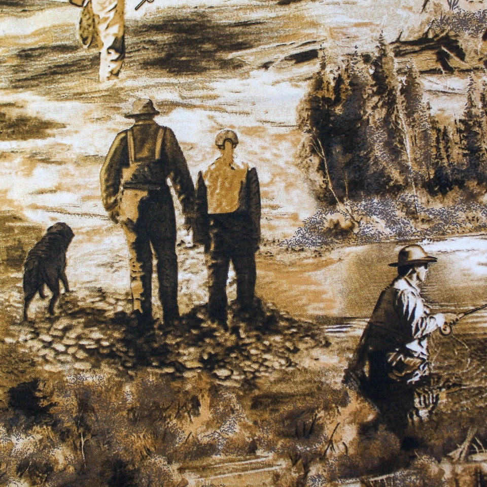 Panel de tela de algodón 76" x 44" Shamash & Sons escena de caza pesca edredón artesanía Foto 2 de 4