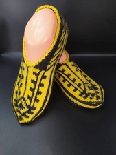 Handmade Wool Slipper Socks Yellow Black Pattern Low-Cut Cozy Knit Size 7