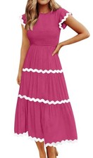 Women's Flutter Sleeve, Tiered, Flowy, Smocked Dress W/High Waist  Pockets Sm 