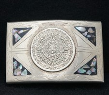 WB15118 COOL VINTAGE 1970s ABALONE INLAY  MAYAN CALENDAR  ARTWORK BELT BUCKLE