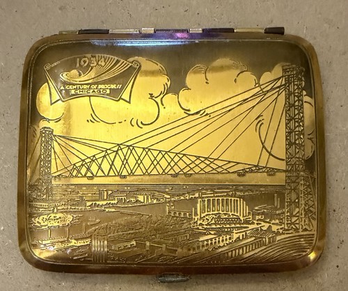 Vintage 1934 Cigarette Case “A Century Of Progress” Chicago Worlds Fair Brass