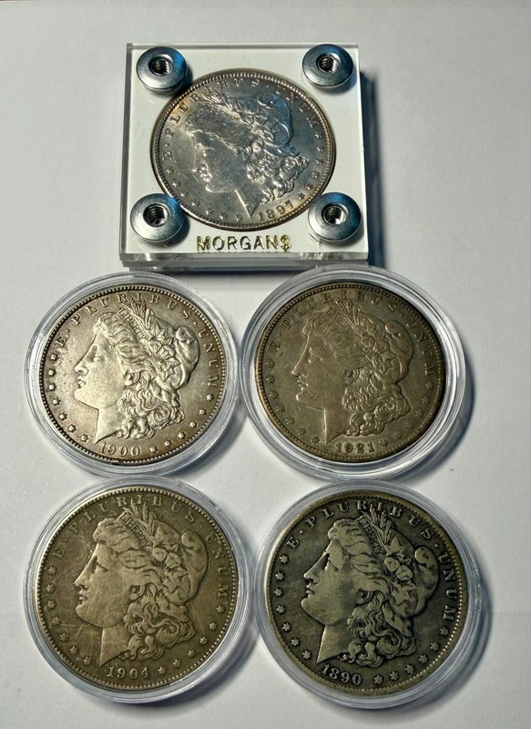 (5) Five Morgan U.S. SILVER DOLLARS: 1890-O, 1897-P, 1900-P, 1904-P and  1921-S