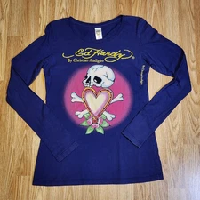 Ed Hardy by C Audigier Women’s Medium Long Sleeve T-Shirt Purple Skull Heart