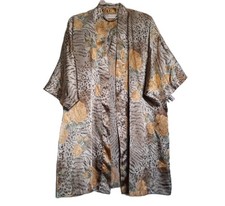 Vtg 90s Y2K Night Essence Satin Brown Gold Sage Floral Abstrac Kimono Robe XL