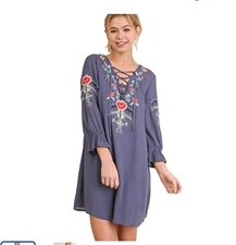 Umgee BoHo Artsy Floral Embroidered Peasant Dress Color Blue Size Small