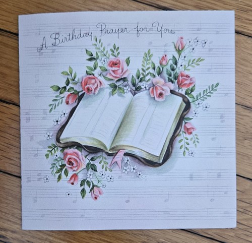 Vintage 1950s Hallmark Birthday Card Religious Prayer Bible Pink Roses