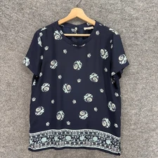 Loft Blouse Women M Medium Blue Floral Short Sleeve Hook & Eye Round Neck Casual