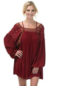 Sexy-Burgundy-Long-Sleeve-Tunic-Dress-w-Embroidery-Sequins-Bow-Arrow-S-M-L
