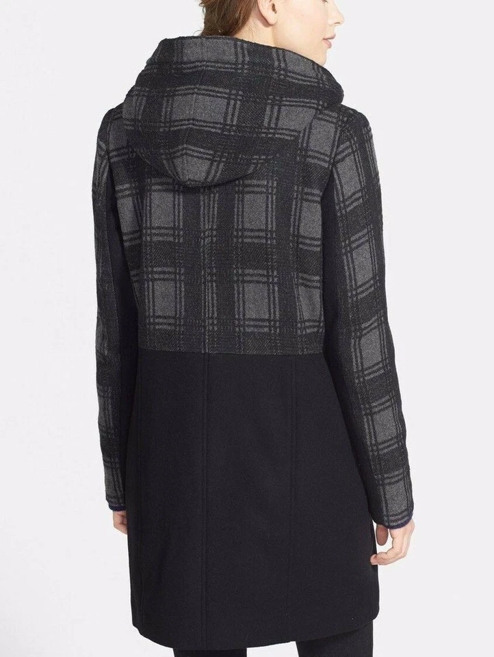 Kristen Blake Womens Color Block Plaid Hooded Overcoat Black/Gray Size Small - Image 2 of 2