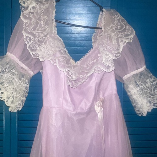 Vtg 70s Dance Allure Womens Chiffon Maxi Dress 12 Lace Lilac Bows Peasant Fairy - Picture 4 of 10