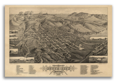 Bird's Eye View 1884 Butte City Montana Vintage Style City Map - 24x36