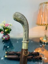 Solid Brass Designer Embossed Head Handle Brown Engraved Wooden Walking Stick