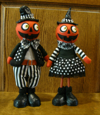 Delton Plush #2060-2 PUMPKIN HEADS STANDING, 2 pc set Halloween, NEW approx 14''