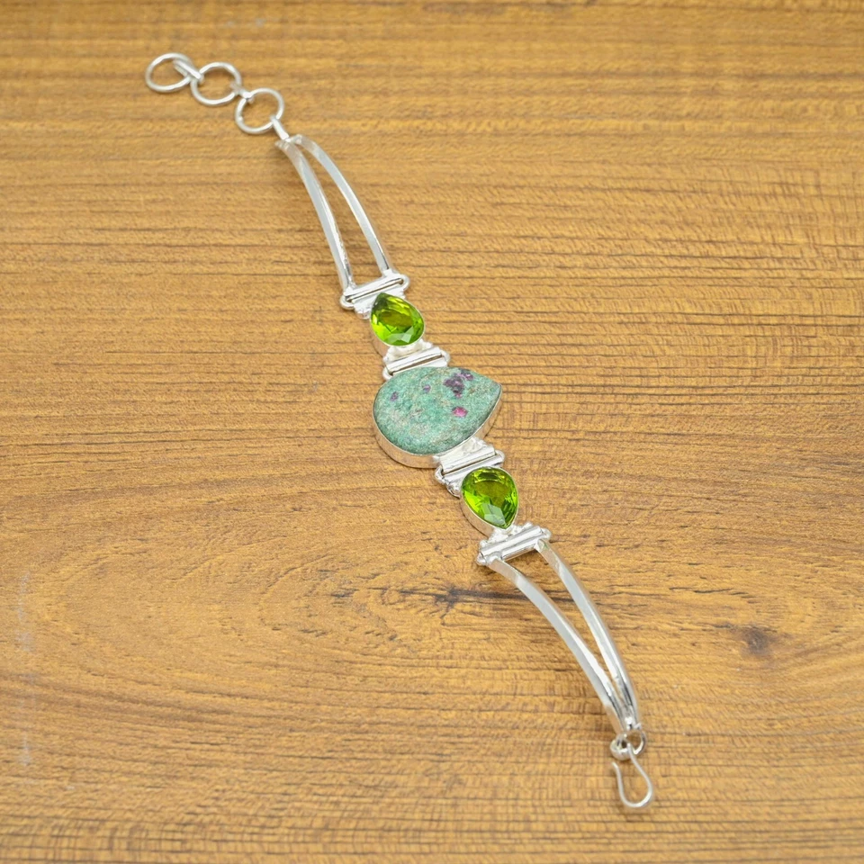 Ruby Fuchsite Peridot Bracelet 925 Sterling Silver Natural Handmade Bracelet - Image 2 of 4