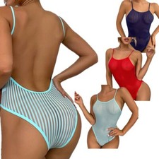 Women High Cut One Piece Swimsuits See Through Mesh Bodysuit Backless Leotards