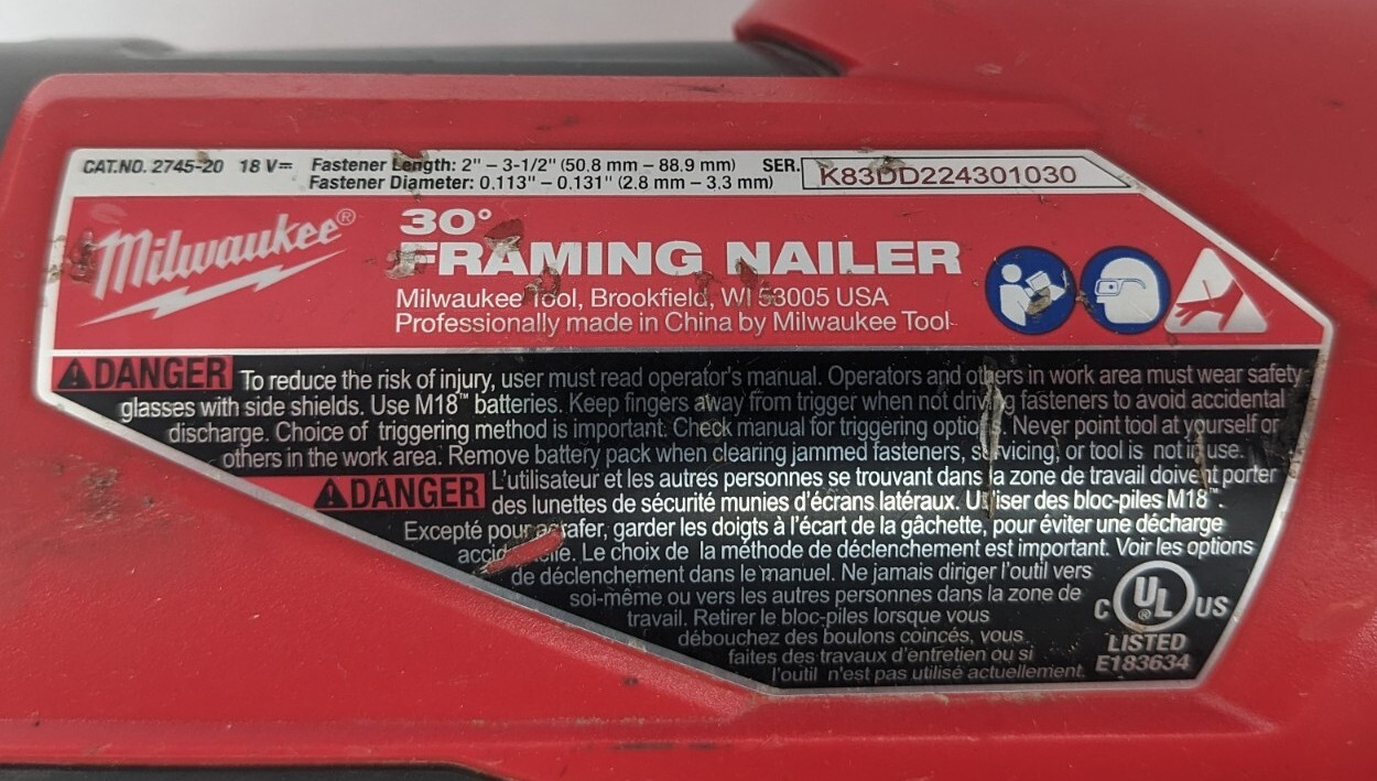 Milwaukee 274520 M18 FUEL 18V 30 Degree Framing Nailer (Tool Only) FOR