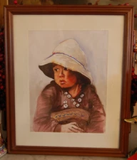 VINTAGE FRAMED MATTED ORIGINAL WATERCOLOR PAINTING OF PERUVIAN NATIVE BOY CHILD