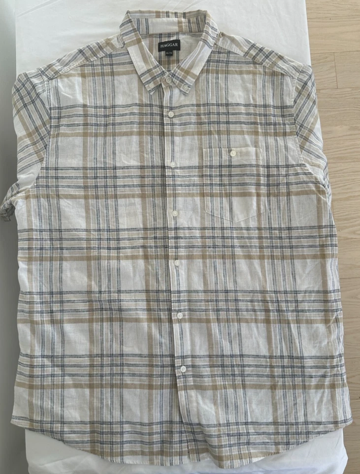 Camisa abotonada manga corta a cuadros mezcla de lino Haggar para hombre - XXL Foto 3 de 4